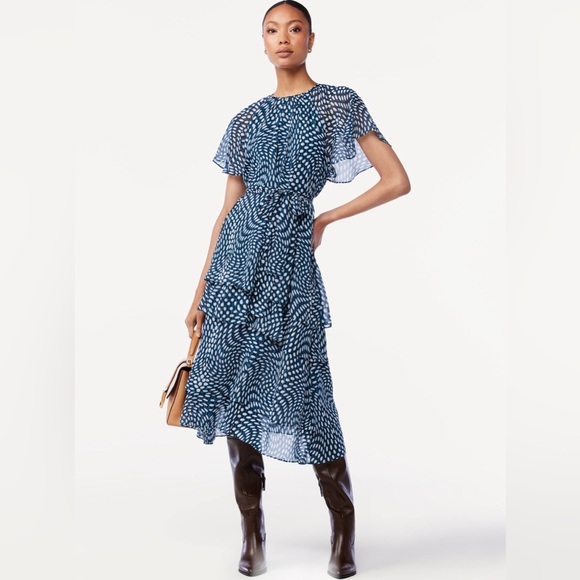 Green & White dotted raglan Sleeve Tie Waist tiered chiffon look dress size smal - Picture 5 of 10